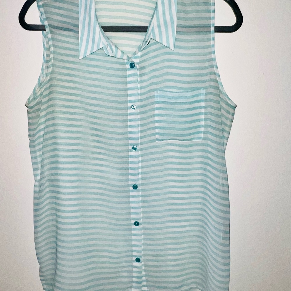 Olive & oak chiffon Mint and white striped button down sleeveless blouse